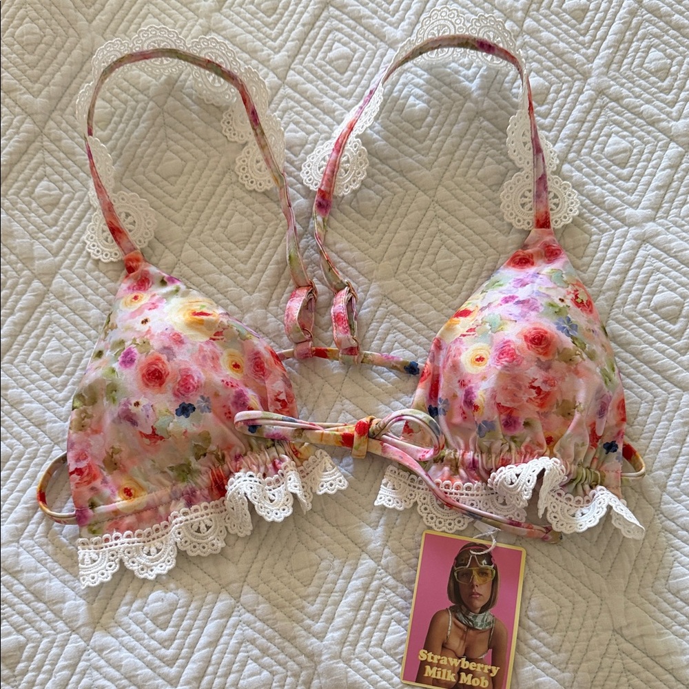 Strawberry Milk Mob Floral Lace Trim Bralette | Bikini Top - Picture 2 of 6